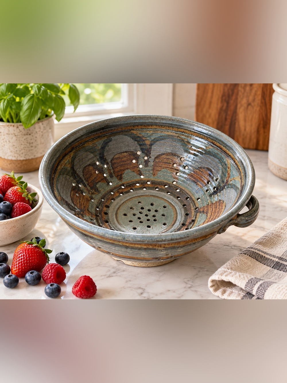 Large Handmade Studio Pottery Berry Bowl / Colander – 10.5”